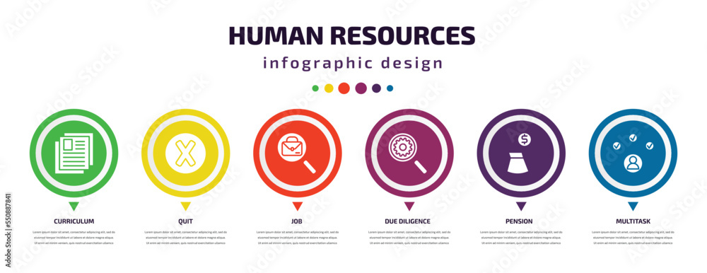 Poster human resources infographic element with filled icons and 6 step or option. human resources icons su