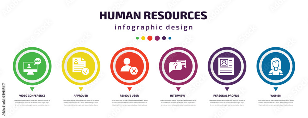 Poster human resources infographic element with filled icons and 6 step or option. human resources icons su