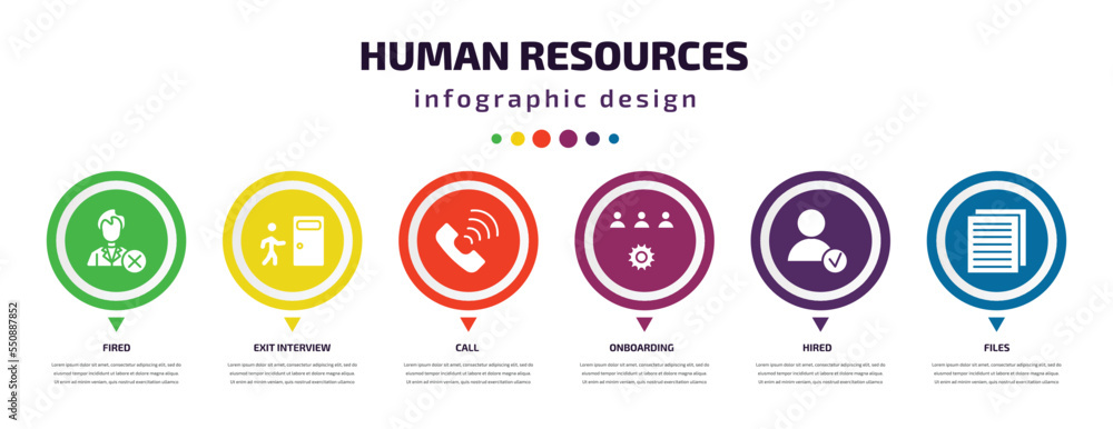 Poster human resources infographic element with filled icons and 6 step or option. human resources icons su