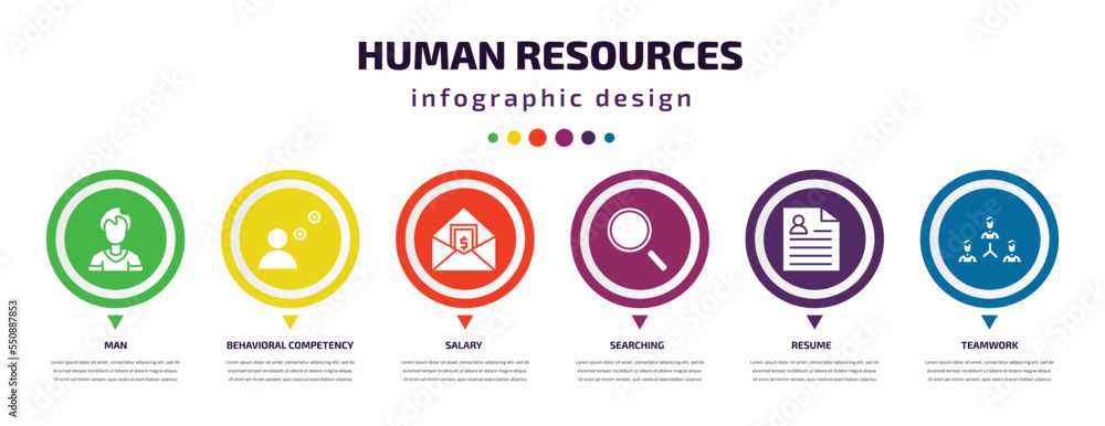 Poster human resources infographic element with filled icons and 6 step or option. human resources icons su