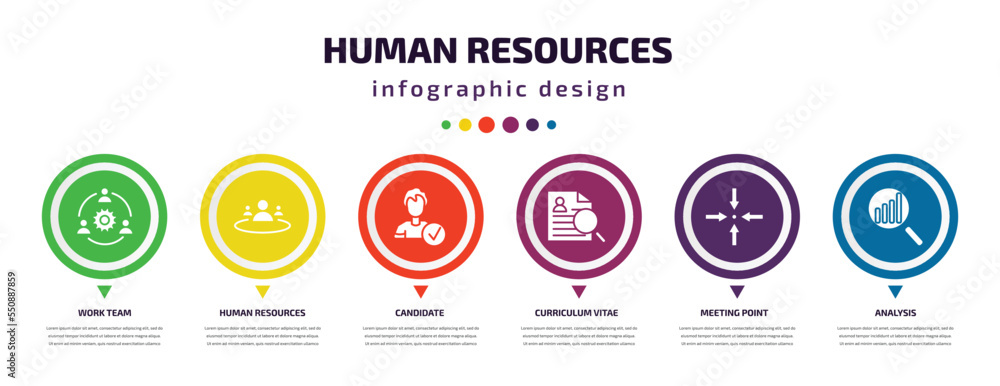 Poster human resources infographic element with filled icons and 6 step or option. human resources icons su