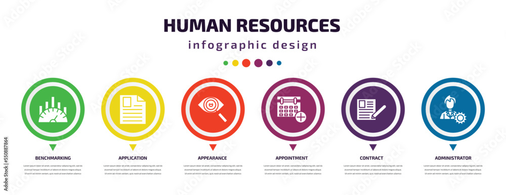 Poster human resources infographic element with filled icons and 6 step or option. human resources icons su