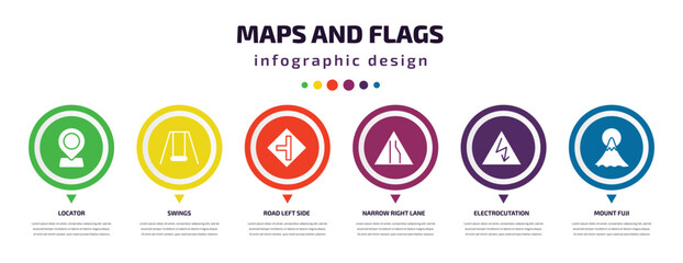 maps and flags infographic element with filled icons and 6 step or option. maps and flags icons such as locator, swings, road left side, narrow right lane, electrocutation danger, mount fuji vector.