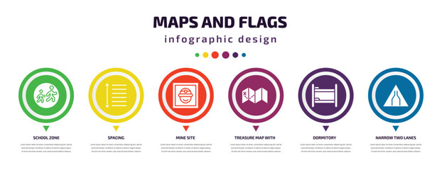 maps and flags infographic element with filled icons and 6 step or option. maps and flags icons such as school zone, spacing, mine site, treasure map with x, dormitory, narrow two lanes vector. can