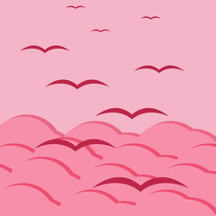 Landscape in pink tones with clouds and seagulls in the cut out paper style. Viva magenta background with flying birds against the sky. Valentines day concept. Marketing material, website banner. 