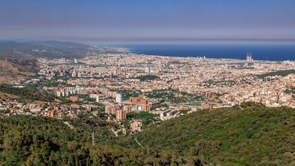Barcelona, panoramic view of the city in Catalonia Spain, seen from Tibidabo Hill 