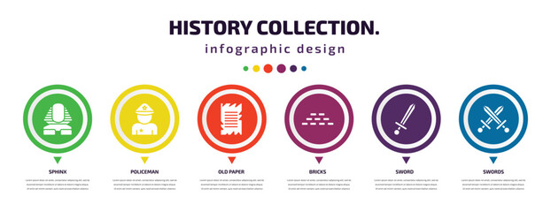 history collection. infographic element with filled icons and 6 step or option. history collection. icons such as sphinx, policeman, old paper, bricks, sword, swords vector. can be used for banner,