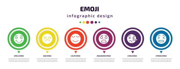 emoji infographic element with filled icons and 6 step or option. emoji icons such as smile emoji, sad calm anguished lying stress vector. can be used for banner, info graph, web.