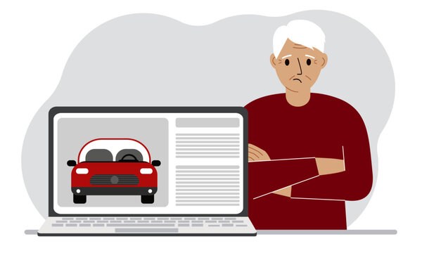 The concept of renting or buying a car. A grandfather, with a laptop on which site about the car.