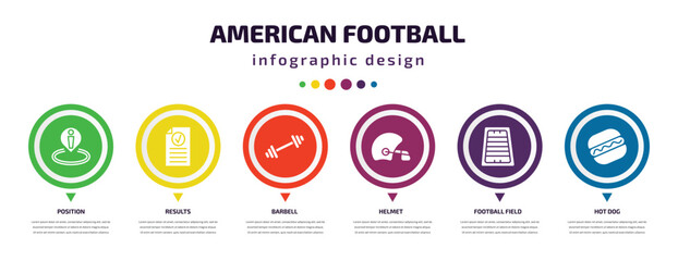 american football infographic element with filled icons and 6 step or option. american football icons such as position, results, barbell, helmet, football field, hot dog vector. can be used for