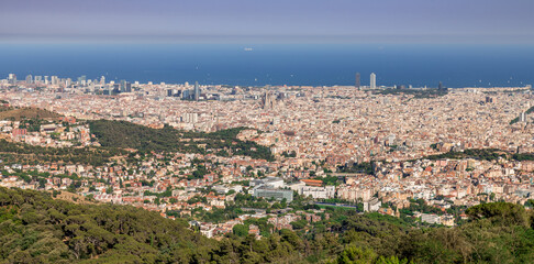Barcelona, panoramic view of the city in Catalonia Spain, seen from Tibidabo Hill 