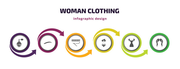 woman clothing infographic element with filled icons and 6 step or option. woman clothing icons such as parfum bottle, eyebrow, clothing stitches, bikini, female dress, hair wig vector. can be used