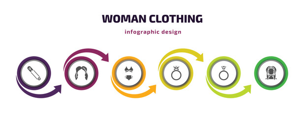 woman clothing infographic element with filled icons and 6 step or option. woman clothing icons such as safety pin, female long black hair, swimsuit feminine, engagement ring, diamond ring, female