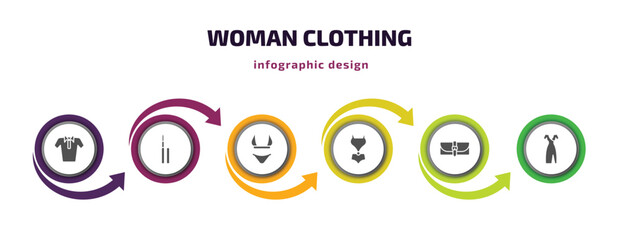 woman clothing infographic element with filled icons and 6 step or option. woman clothing icons such as polo shirt for women, eyeliner pencils, string bikini, female swimsuit, female wallet, clothes