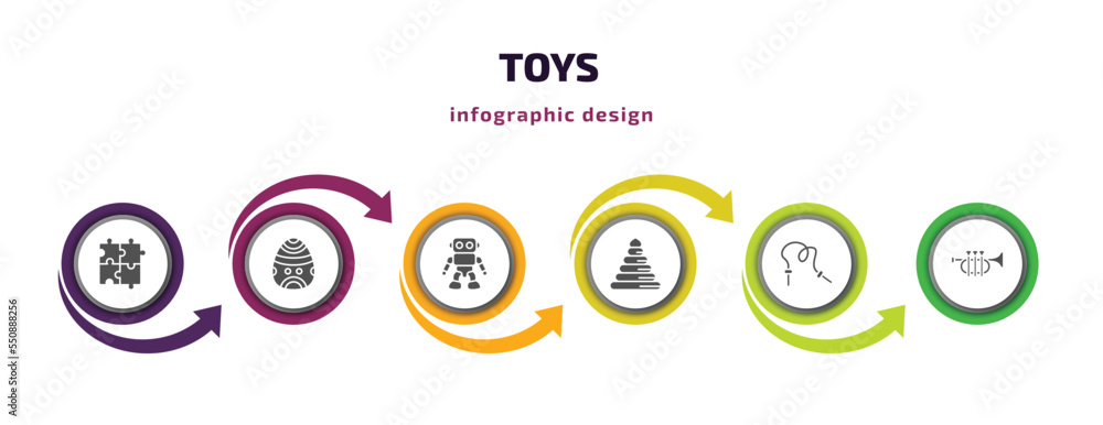 Poster toys infographic element with filled icons and 6 step or option. toys icons such as thinking game to