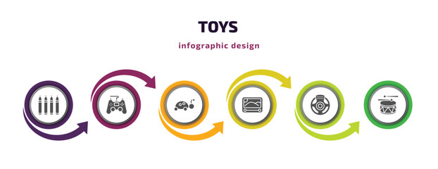 toys infographic element with filled icons and 6 step or option. toys icons such as crayons toy, gamepad toy, ladybug toy, etch a sketch steering wheel drum vector. can be used for banner, info