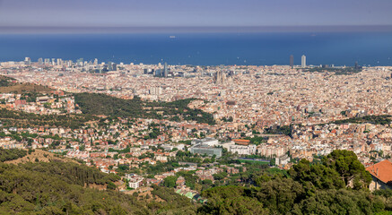 Fototapeta na wymiar Barcelona, panoramic view of the city in Catalonia Spain, seen from Tibidabo Hill 