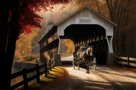 AI generated image of a horse-drawn carriage riding through a bridge covered by a red shelter similar to Campbell's covered Bridge