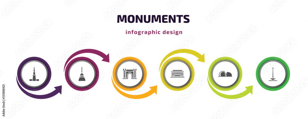Aufkleber monuments infographic element with filled icons and 6 step or option. monuments icons such as qutb m