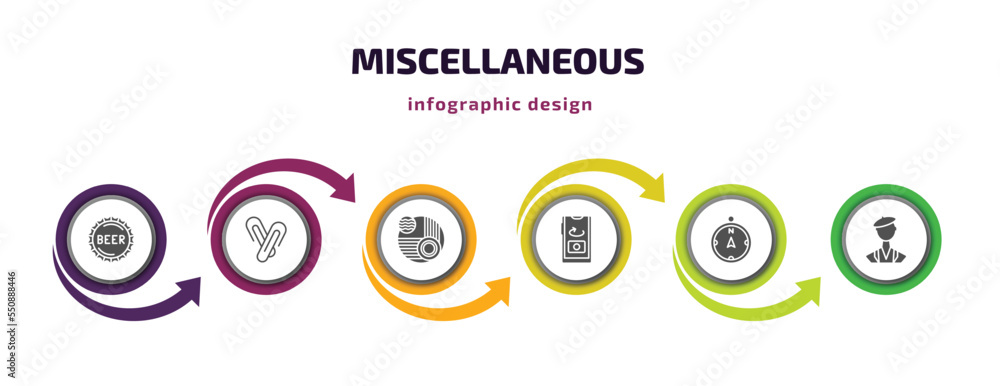Poster miscellaneous infographic element with filled icons and 6 step or option. miscellaneous icons such a