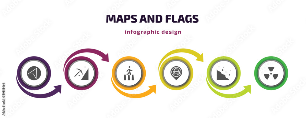 Poster maps and flags infographic element with filled icons and 6 step or option. maps and flags icons such