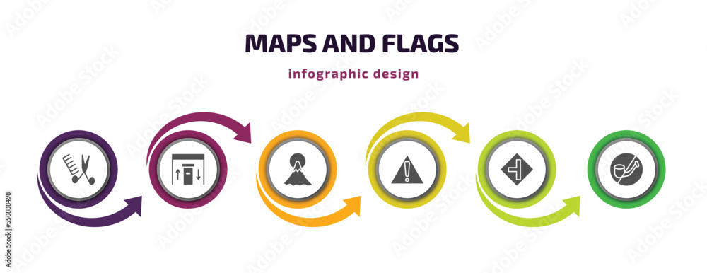 Poster maps and flags infographic element with filled icons and 6 step or option. maps and flags icons such