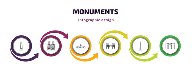 monuments infographic element with filled icons and 6 step or option. monuments icons such as circle, notre dame cathedral, retiro park, medieval, obelisk of bue aires, segovia aqueduct vector. can