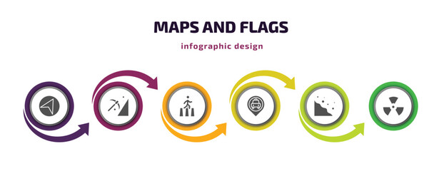 maps and flags infographic element with filled icons and 6 step or option. maps and flags icons such as navigate, mining work zone, crossing road caution, taxi stop, rock landslide safety,