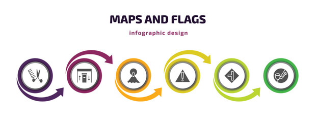 maps and flags infographic element with filled icons and 6 step or option. maps and flags icons such as women hairstylist, inmigration check point, mount fuji, caution, road left side, no smoking