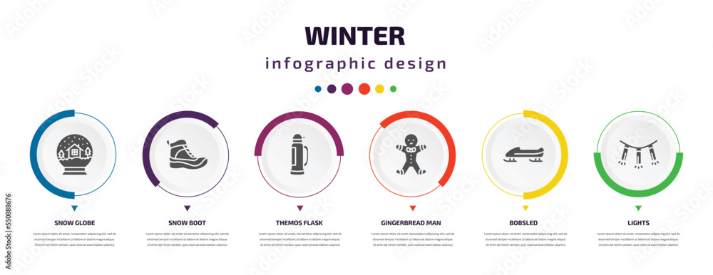 Poster winter infographic element with filled icons and 6 step or option. winter icons such as snow globe, 