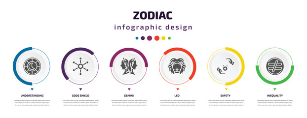 zodiac infographic element with filled icons and 6 step or option. zodiac icons such as understanding, gods shield, gemini, leo, safety, inequality vector. can be used for banner, info graph, web.