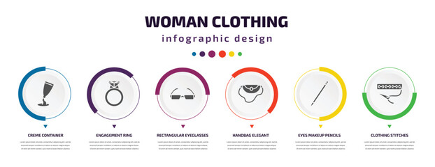 woman clothing infographic element with filled icons and 6 step or option. woman clothing icons such as creme container black, engagement ring, rectangular eyeglasses, handbag elegant, eyes makeup
