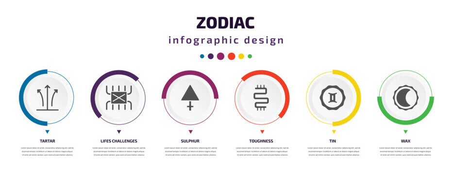 zodiac infographic element with filled icons and 6 step or option. zodiac icons such as tartar, lifes challenges, sulphur, toughness, tin, wax vector. can be used for banner, info graph, web.