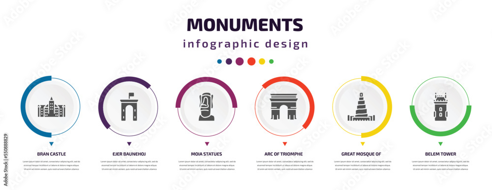 Aufkleber monuments infographic element with filled icons and 6 step or option. monuments icons such as bran c
