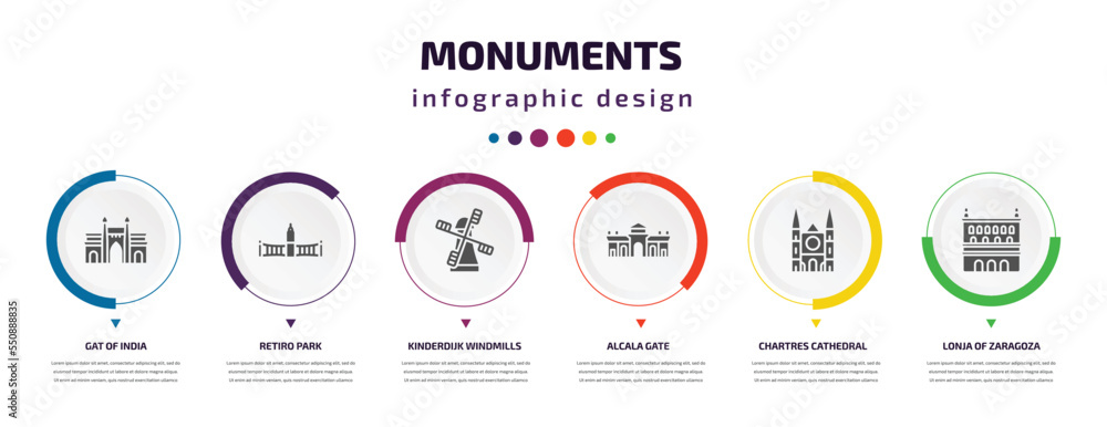 Poster monuments infographic element with filled icons and 6 step or option. monuments icons such as gat of