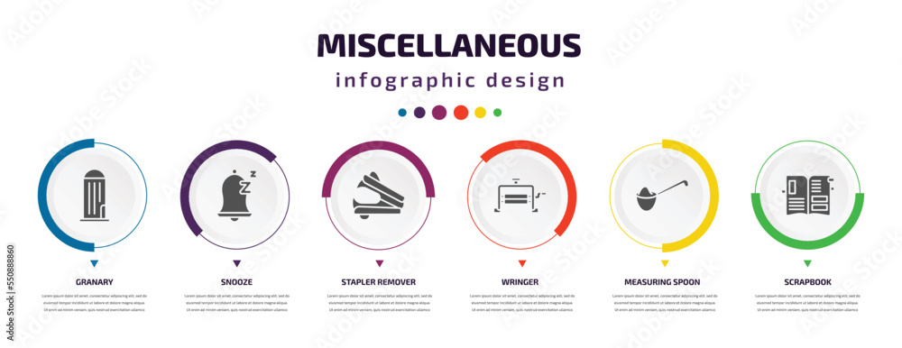 Poster miscellaneous infographic element with filled icons and 6 step or option. miscellaneous icons such a