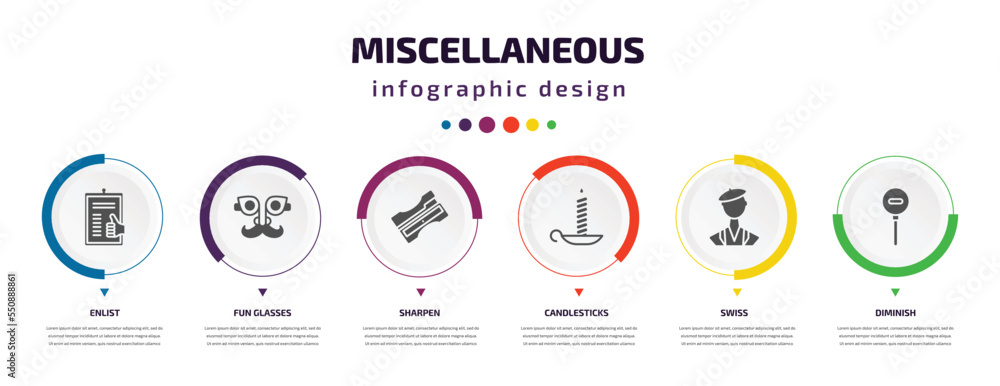 Poster miscellaneous infographic element with filled icons and 6 step or option. miscellaneous icons such a