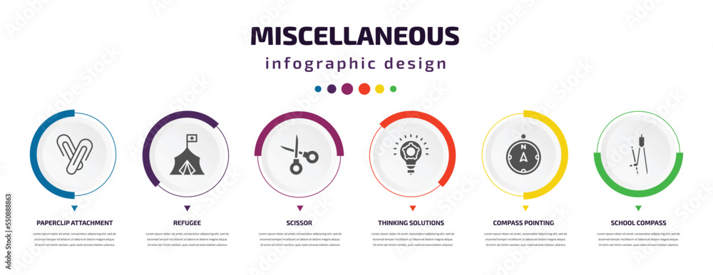 Poster miscellaneous infographic element with filled icons and 6 step or option. miscellaneous icons such a