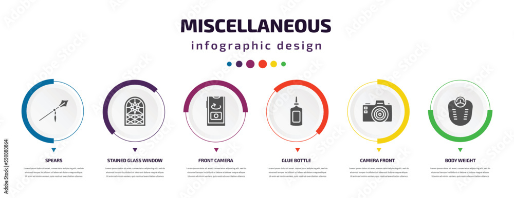 Poster miscellaneous infographic element with filled icons and 6 step or option. miscellaneous icons such a