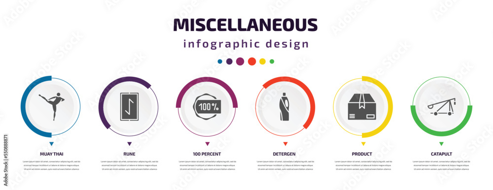 Poster miscellaneous infographic element with filled icons and 6 step or option. miscellaneous icons such a