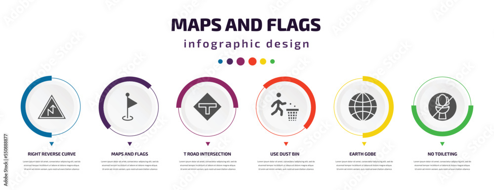 Aufkleber maps and flags infographic element with filled icons and 6 step or option. maps and flags icons such