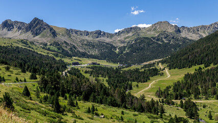 Naklejka na ściany i meble Landscape view on Andorra Spain border in Pyrenees Orientals mountains