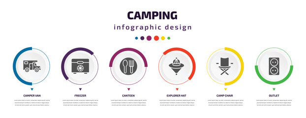 camping infographic element with filled icons and 6 step or option. camping icons such as camper van, freezer, canteen, explorer hat, camp chair, outlet vector. can be used for banner, info graph,