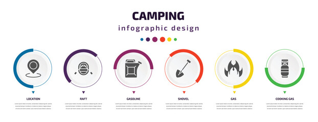 camping infographic element with filled icons and 6 step or option. camping icons such as location, raft, gasoline, shovel, gas, cooking gas vector. can be used for banner, info graph, web.