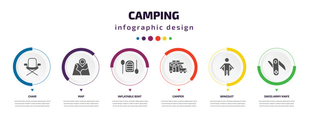 camping infographic element with filled icons and 6 step or option. camping icons such as chair, map, inflatable boat, camper, wingsuit, swiss army knife vector. can be used for banner, info graph,