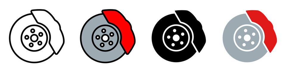 The braking system of a car. Brake disc and pad. Vector clipart set isolated on white background.