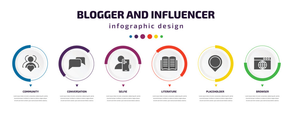 blogger and influencer infographic element with filled icons and 6 step or option. blogger and influencer icons such as community, conversation, selfie, literature, placeholder, browser vector. can