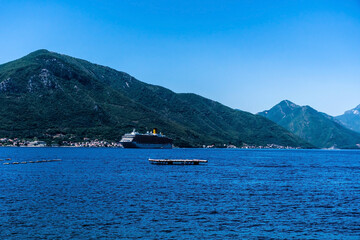 Landscape of kotor bay, the mussel farm, Dobrota area, Montenegro.
