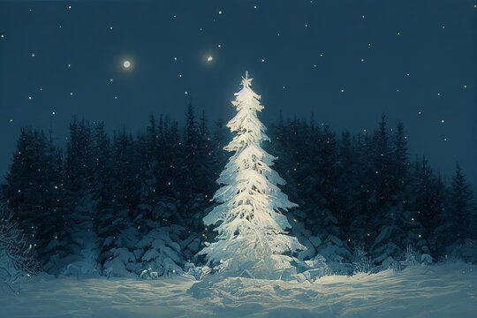 bright christmas tree in the middle of snowy forest during starry christmas eve night. Snowy winter forest with illuminated tree. Blue and gold painting