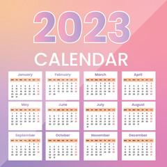 2023 Calendar year vector illustration. The week starts on Sunday. Annual calendar 2023 template.